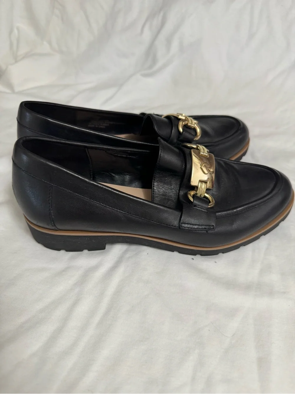 kate spade Black Leather Loafers with Gold Chain Hardware